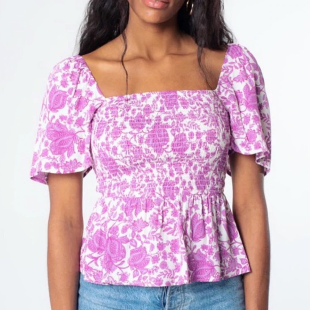 Purple Smocked Flutter Sleeve Blouse